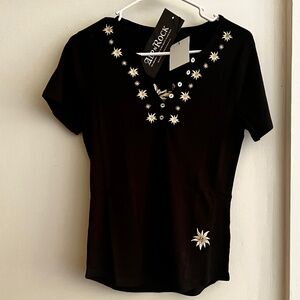 NEW ALP N ROCK  Henley shirt black embroidery mountain flower front& back sz M